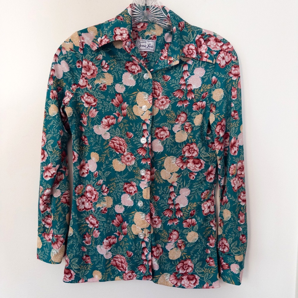 Vintage‎ 70s Disco Floral Top Womens S Teal Fitted Mod Festival Retro Boho Lurie